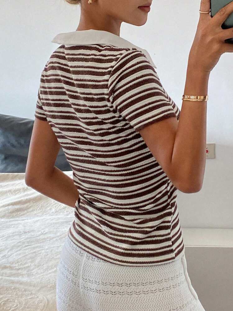 Women's Half-Zip Raglan Short Sleeve Casual Striped T-Shirt, Summer