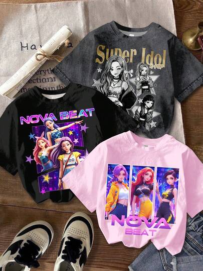 SHEIN 3pcs/Set Bright Pink, Dark Gray, Black Cartoon Girl Portrait Graphic Printed Casual Minimalist Round Neck Short Sleeve T-Shirts, Suitable For All Seasons