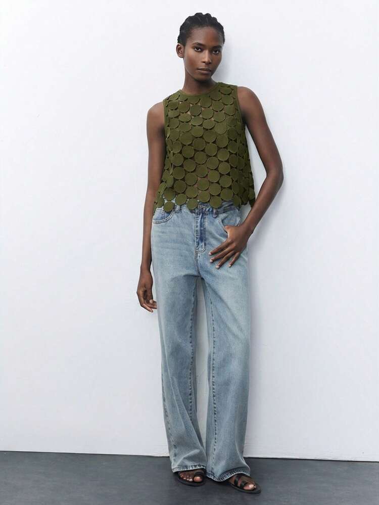SHEIN Maija Top de tirantes con lunares redondos, transpirable y lavable, top hueco para vacaciones, top verde oliva, top de ojales, top para fiesta de San Patricio, top de verano para playa y vacaciones, top casual para mujeres, top para graduación, top para salir