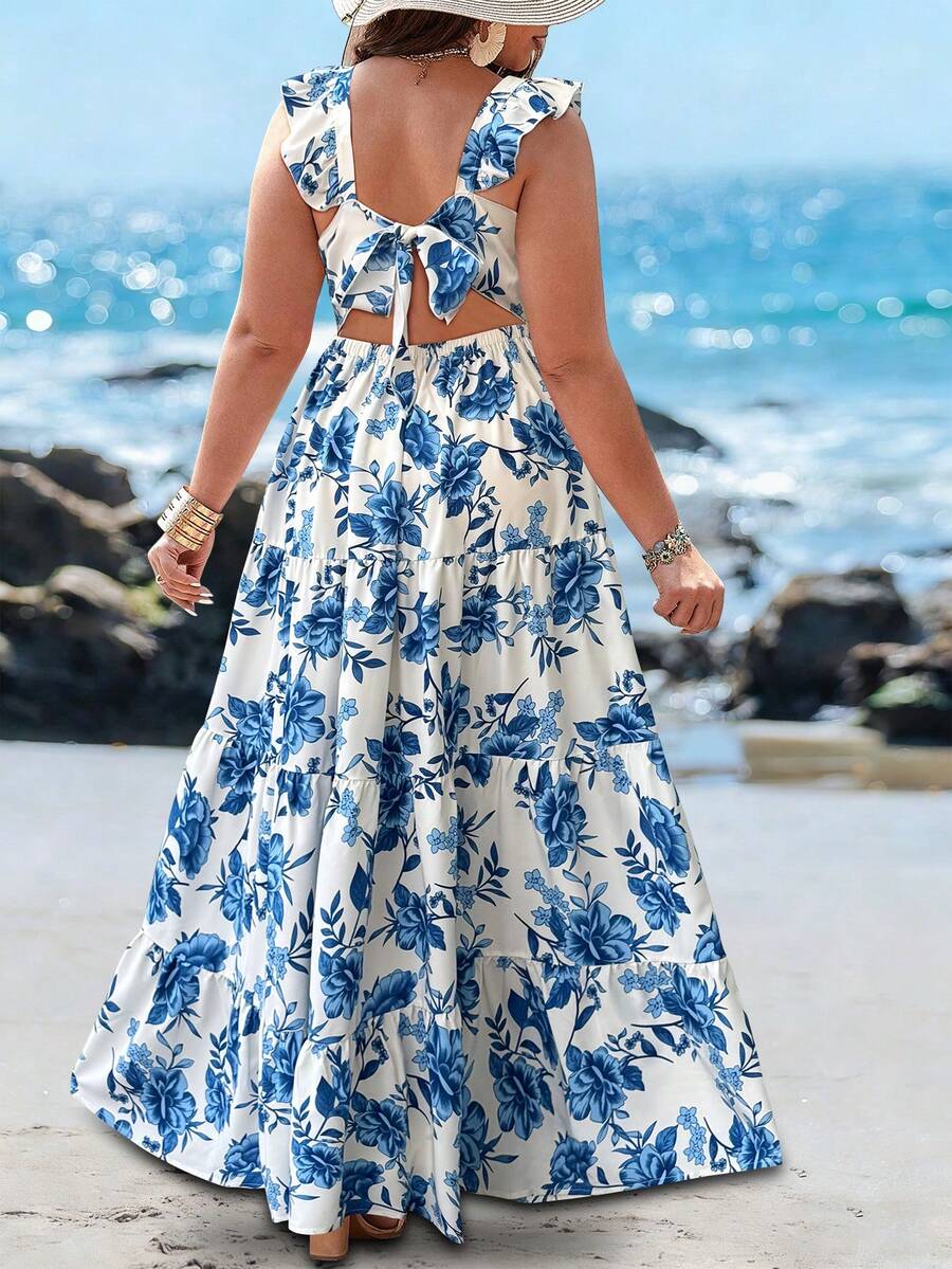 Ceyna 大码女装法式休闲优雅印花无袖吊带裙蓝色碎花连衣裙母女装蓝色夏季连衣裙海滨连衣裙母女装夏季连衣裙女士长裙海滩装度假装女装沙滩装女式碎花连衣裙 - 藍色 - 查看 1