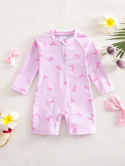 SHEIN 女婴蝴蝶条纹印花露背拉链连体泳衣，带短裤，沙滩/度假风