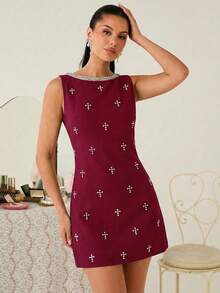 Women's Scoop Neck Sleeveless Minimalist Elegant Summer Dress - Red - View 5