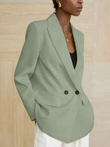 Aveloria Modichic 女士商务风纯色双排扣西装外套，适合通勤和秋季穿着 - 綠色 - 查看 4