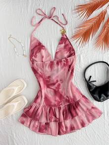 Roelina Vestido casual de mujer con estampado y cuello halter - Rosa - Ver 2