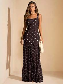 SHEIN BAE Đầm chấm bi nâu bất đối xứng, đầm dài ôm sát xuyên thấu, đầm chấm bi màu cà phê, đầm mùa hè kiểu Maillard, trang phục đại học màu nâu, đầm chấm bi hai dây hở lưng xẻ cao, đầm chấm bi, đầm dài đi biển nghỉ mát - màu nâu - Xem 1