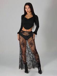 SHEIN PETITE Women's Sheer Lace Solid Color Sexy Mini Skirt - Black - View 5