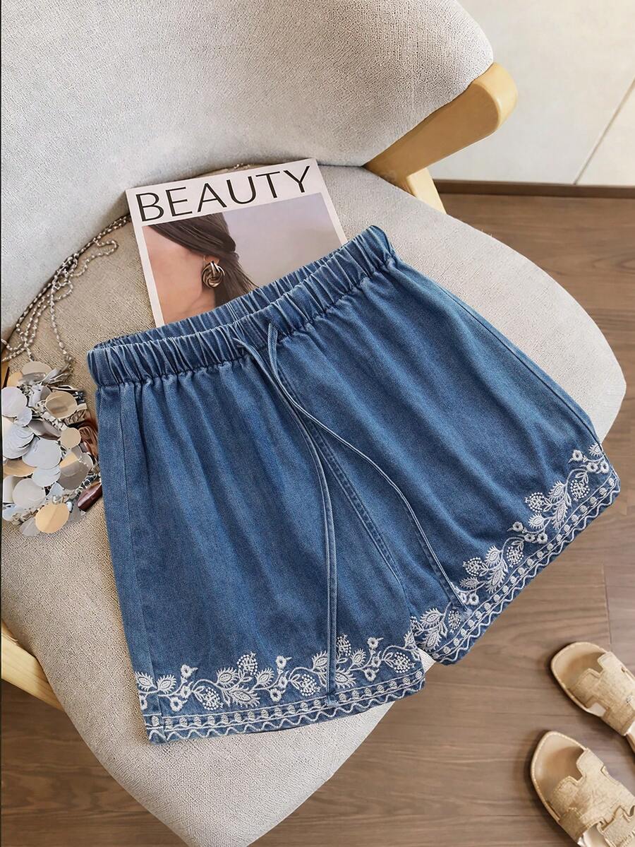 GlowEve Embroidered Drawstring Waist Casual Denim Shorts, Spring/Summer - Blue - View 1