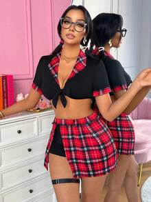 Fantasy Costume 4pcs/Set Plaid Pencil Skirt Sexy Professional Outfit - Multicolor - View 7