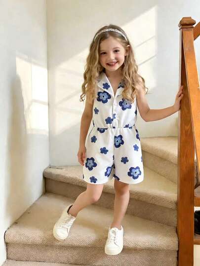 Jumpsuit met bloemenprint, revers en open rug voor jonge meisjes