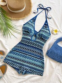 Soleia Bộ jumpsuit ngắn hở lưng, cổ yếm, nhiều màu sắc, dệt kim kẻ sọc, thích hợp cho mùa thu/đông, Halloween, Tết Nguyên đán, lễ hội hóa trang, tiệc tùng, hẹn hò, trà chiều, đi biển, có thể mặc ngoài hoặc mặc trong. - Màu xanh lam - Xem 4