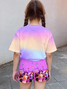 SHEIN 紫色扎染印花，星光钻石梦幻印花图案，少女休闲简约短袖T恤短裤两件套，适合夏季穿着 - 彩色 - 查看 2