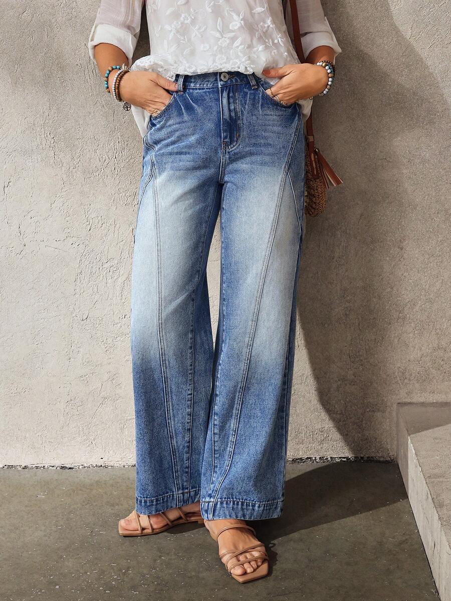 EMERY ROSE Women's Casual Everyday Washed Slant Pocket Straight Leg Jeans - Blue - View 1