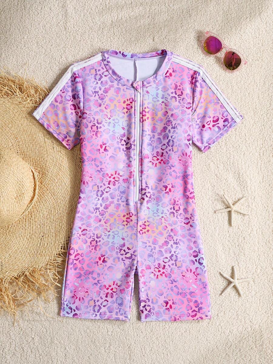 SHEIN 少女休闲简约炫彩淡紫色豹纹圆领长袖连体泳衣,适合夏季穿着 - 粉色 - 查看 1