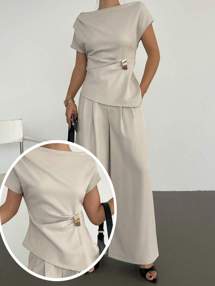 2pcs Women Metallic Elegant Formal Commuter Buttoned Top And Casual Pants Set