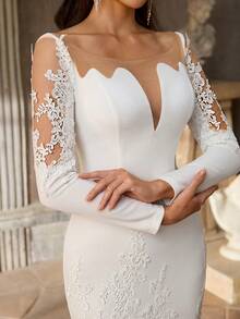 Aureia Elegant Luxurious Elastic Knit Applique Contrast Lace Mermaid Tail Skirt With Train, Suitable For Wedding, Party, Vacation, Ball Gown - White - View 7