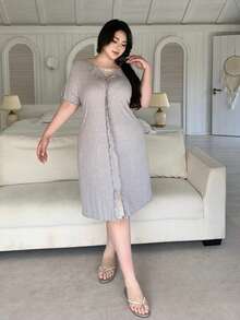 Dazy Plus Plus Size Solid Color Minimalist Short Sleeve Nightgown Summer - Grey - View 7