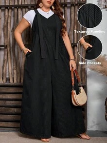 Breezaya Plus Size Striped Jumpsuit Dark Grey Woven Fabric Cropped Length With Pockets Casual Sleeveless Design - Dark Grey - View 1