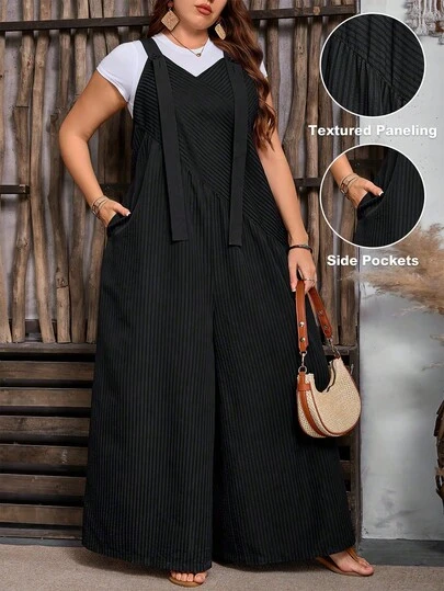 Breezaya Mono de pierna ancha con escote en V a rayas, parches de unicolor y tirantes ajustables para mujer de talla grande, adecuado para uso casual diario