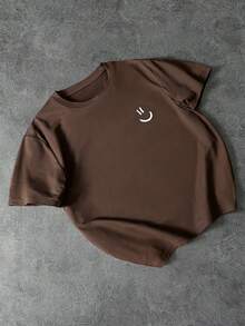 PAVTROS Hombres Camiseta de hombros caídos con estampado de expresión - Café integral - Ver 7