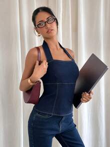 Siren Gaze 女士休闲修身露背牛仔上衣，适合日常通勤 - 深色水洗藍 - 查看 1