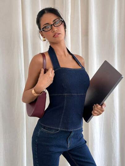 Siren Gaze Women's Casual Slim Fit Halter Neck Denim Blouse For Daily Commute
