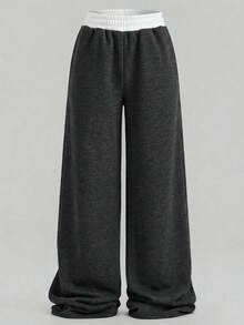 SHEIN 少女休闲宽松运动裤，松紧腰，阔腿设计，撞色拼接，适合春、夏、秋、冬四季穿着，也是开学季的理想选择。 - 彩色 - 查看 2