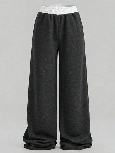 SHEIN Tween Girls Casual Loose Fit Sweatpants, Elastic Waist, Wide Leg, Colorblock, Suitable For Spring, Summer, Autumn And Winter, Back To School Season Summer Y2k Vacation Goth Gothic Streetwear Sumwon Burgundy Holiday Vintage Boho Festival Gras Party Cute Birthday Boys Modest Home Casual Cozy