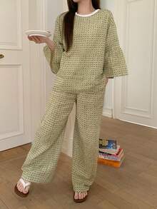 DAZY 2件套女士格子蕾丝拼接宽松七分袖直筒长款睡衣套装，夏季 - 綠色 - 查看 11