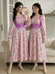 Teen Girl Floral Print Waist Eyelet Tie Design 2 In 1 Dress - Multicolor - View 3