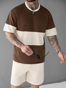 Manfinity Homme 男士撞色圆领短袖休闲T恤和抽绳短裤套装，男士撞色套装，男士两件套，棕色针织衫，男士棕白衬衫，男士棕色套装，适合日常休闲、周末旅行、户外活动、探险旅行、轻松的工作环境或半正式场合，可作为男友/丈夫礼物、周年纪念/生日礼物、派对、暑假、婚礼、春夏装扮。 - 杏色 - 查看 4