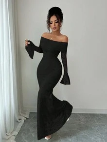Rafferiza Petite 優雅黑色秋季假日晚餐洋裝，女款露肩喇叭袖魚尾裙擺中長洋裝，極簡百搭修身正式派對禮服，適合嬌小女性 - 黑色 - 查看 4