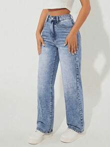 SHEIN PETITE Quần jeans ống đứng cạp cao, giặt mài, phong cách thường ngày - Rửa trung bình - Xem 5