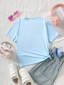Cute Tween Girls Baby Blue Polyester T-Shirt Ruffle Graphic Bow Regular Length Short Sleeve Round Neck Regular Fit - Baby Blue - View 2