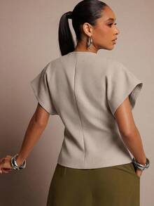 Vixey Solid Textured Woven Asymmetrical Hem Single Button Waistcoat Top - Light Grey - View 5