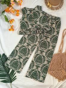 Travachic KIDS 少女休闲度假绿色碎花无袖上衣和松紧腰裤套装，夏季 - 軍綠色 - 查看 2