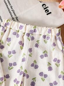 SHEIN Summer Young Girl Fresh Tulip Print Set, Sleeveless Ruffle Collar Blouse + Wide Leg Pants, Cream White Youthful Sweet Casual Style Vest Set - White - View 9