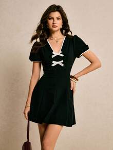 Poéselle Đầm ngắn nữ phối màu, thắt eo với nơ, thích hợp cho hẹn hò và đi chơi hàng ngày. - màu đen - Xem 4