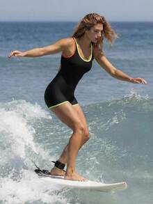 Swim SPRTY Traje de baño de una pieza con bloques de color, tirantes ajustables y espalda hueca, estilo deportivo para mujer - Negro - Ver 3