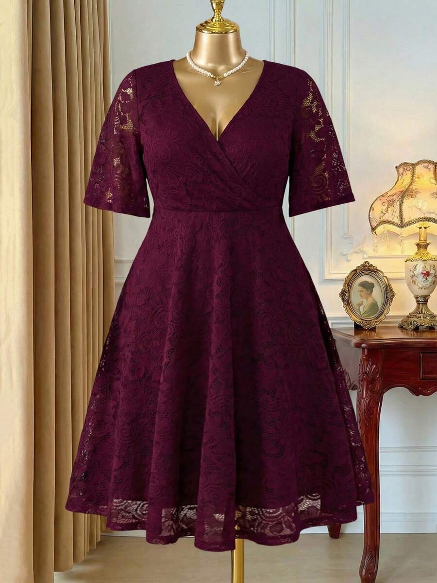 DreamSkyne Đầm ren hoa tay ngắn thanh lịch cỡ lớn cho nữ - Màu đỏ tím - Xem 1