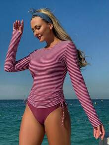 SHEIN Swim Lushore Bộ đồ bơi tankini kẻ sọc dành cho nữ, thích hợp đi biển/nghỉ dưỡng. - Màu Đỏ Sâu - Xem 1