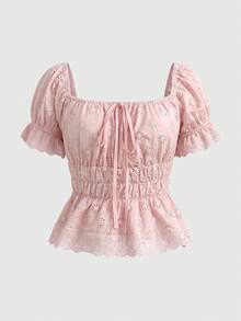 Rina Fox 2026 Women's Hollow Embroidery Square Neck Short Sleeve Blouse - Apricot - View 7