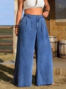 EMERY ROSE Plus Size Women Casual Vacation Daily Commute Versatile Pleated Loose Wide-Leg Jeans - Medium Wash - View 5