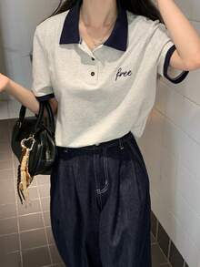 DAZY Textured Splice Colorblock Elegant Casual T-Shirt For Women, Spring & Summer - Grey - View 6