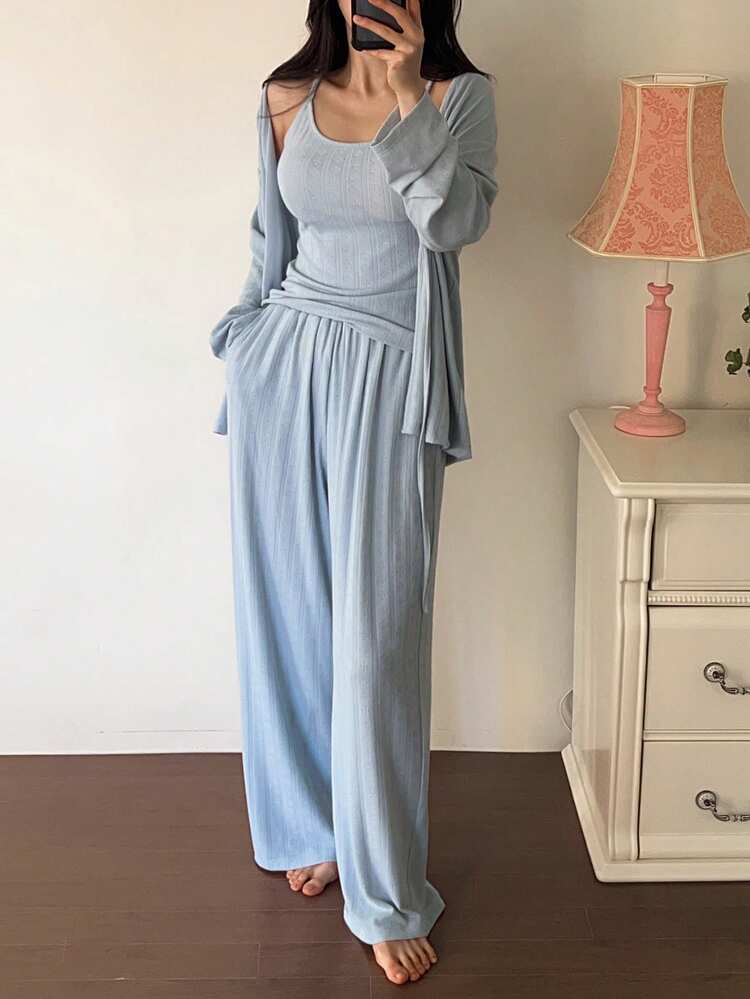 3pcs Set Jacquard Knit Tie Cardigan, Camisole & Long Pajama Pants Sleepwear Set For Women