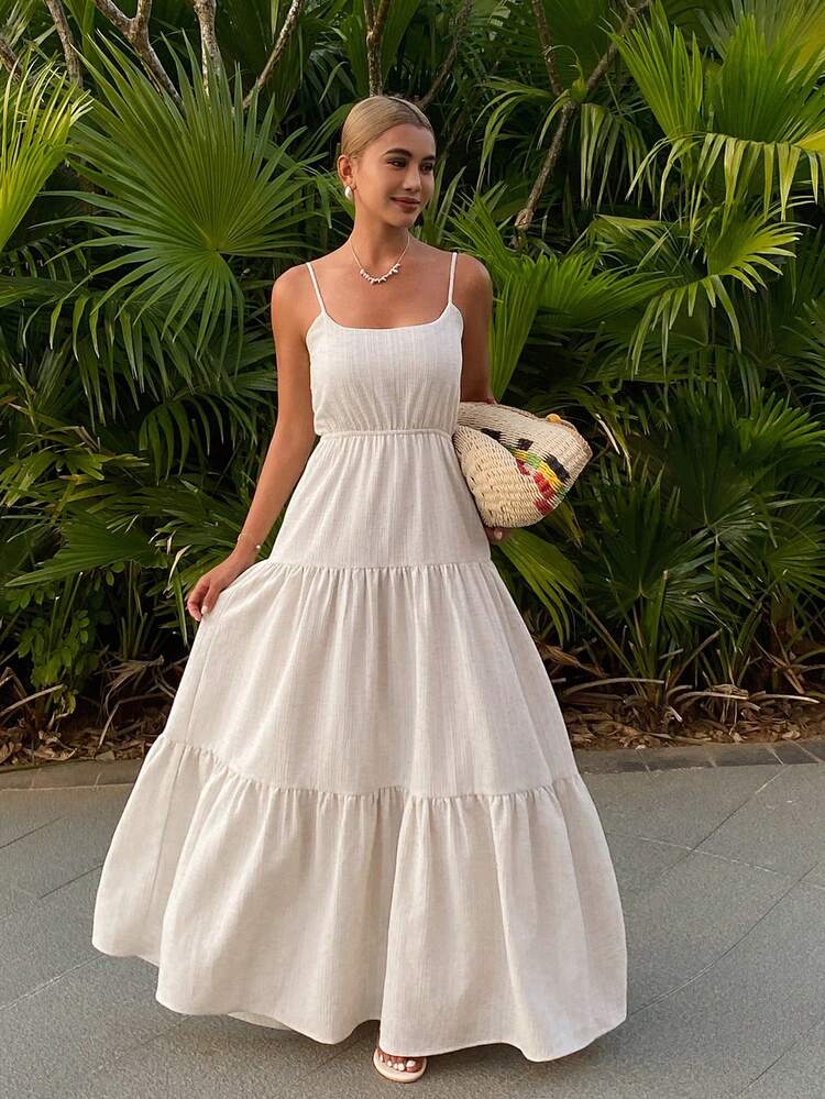 Women's Solid Color Ruffle Hem Casual Maxi Slip Dress Boho