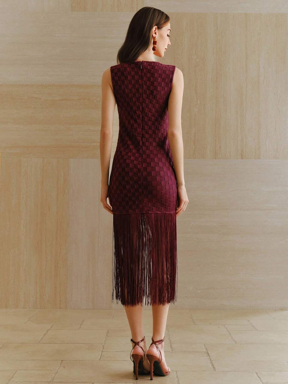 French Elegant Jacquard Plaid Tassel Midi Dress,Burgundy Summer Night Out Elegant Goddess Vibe Party Dress With High-End Aesthetic Formal Fringe Dress