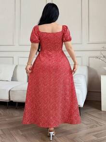 Vibekara 大码女式法式休闲优雅碎花短袖连衣裙 - 紅色 - 查看 2