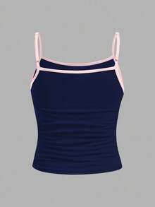 SHEIN 少女修身休闲运动吊带背心，67字母印花，基础款套装 - 藍色 - 查看 4