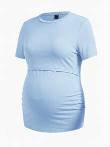 Modmama 孕妇纯色圆领短袖休闲哺乳T恤 - 淺藍色 - 查看 4