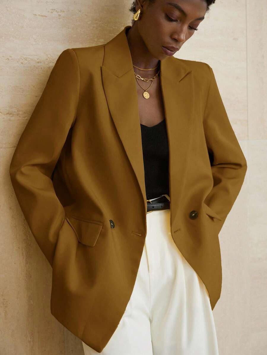 Aveloria Modichic 女士商务风纯色双排扣西装外套，适合通勤和秋季穿着 - 黃色 - 查看 1